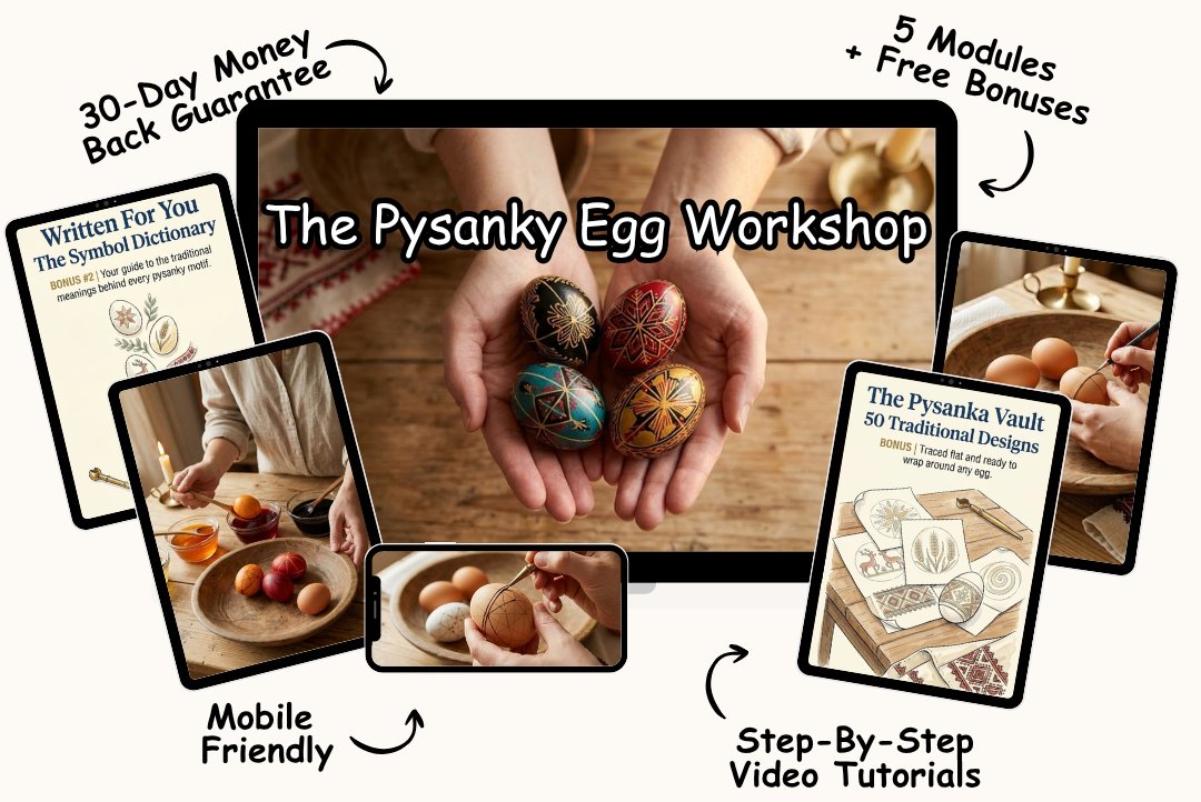 The Pysanky Egg Workshop course preview showing video lessons and bonus guides across devices